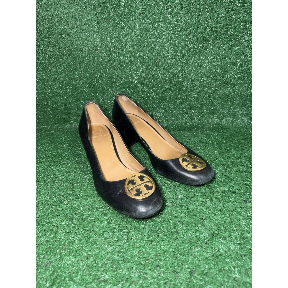 Tory Burch Womens Size 8.5 US Black Leather Round Toe Block Heel Pumps Slip On
